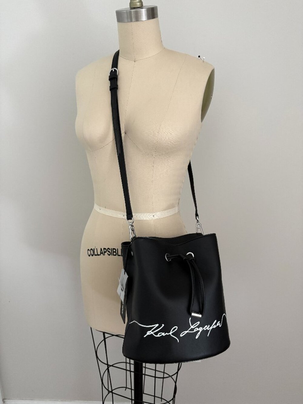 Karl Lagerfeld Paris Adele Black Drawstring Bucket Bag Signature Script Chic